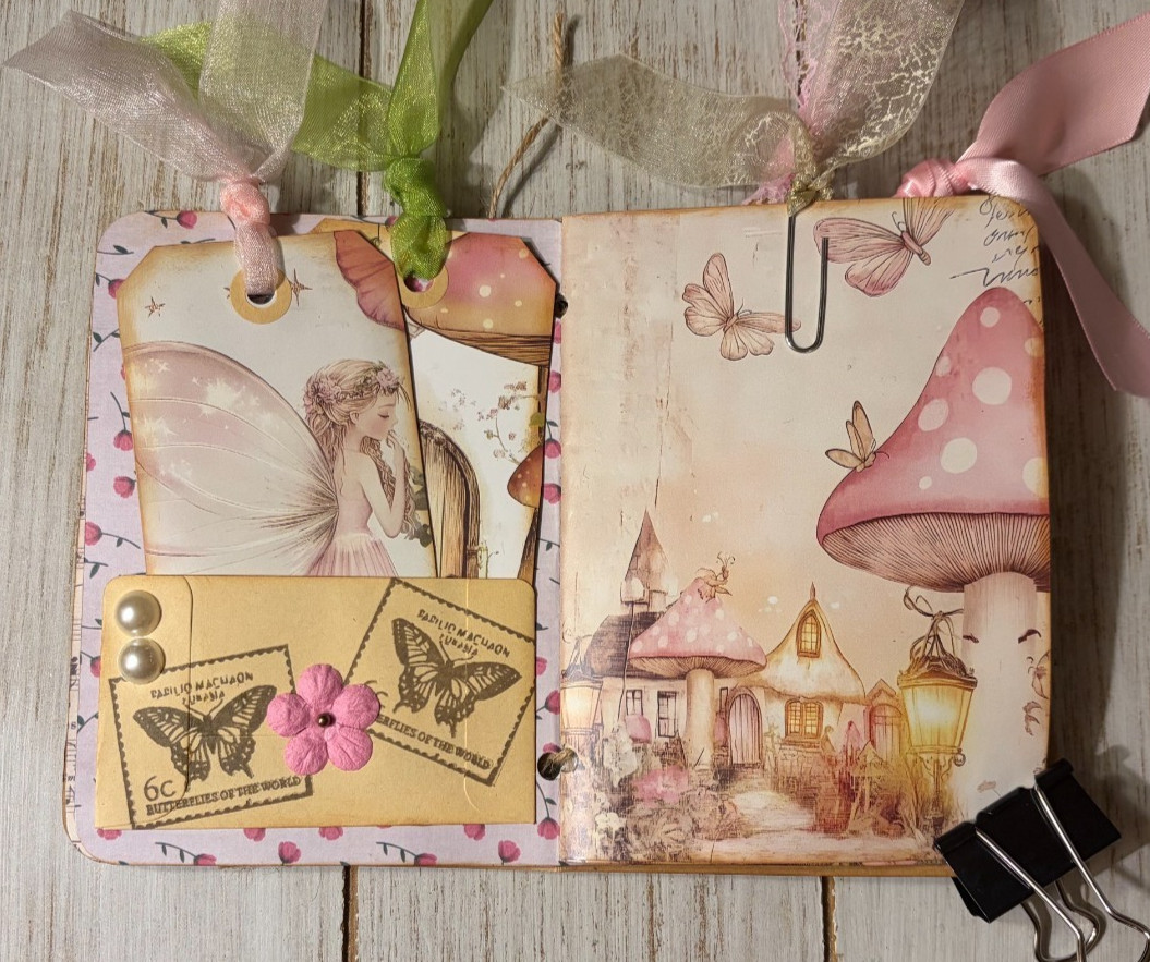 Junk Journal Handmade Booklet Book Vintage «Pink Fairies» Pockets, Ephemera