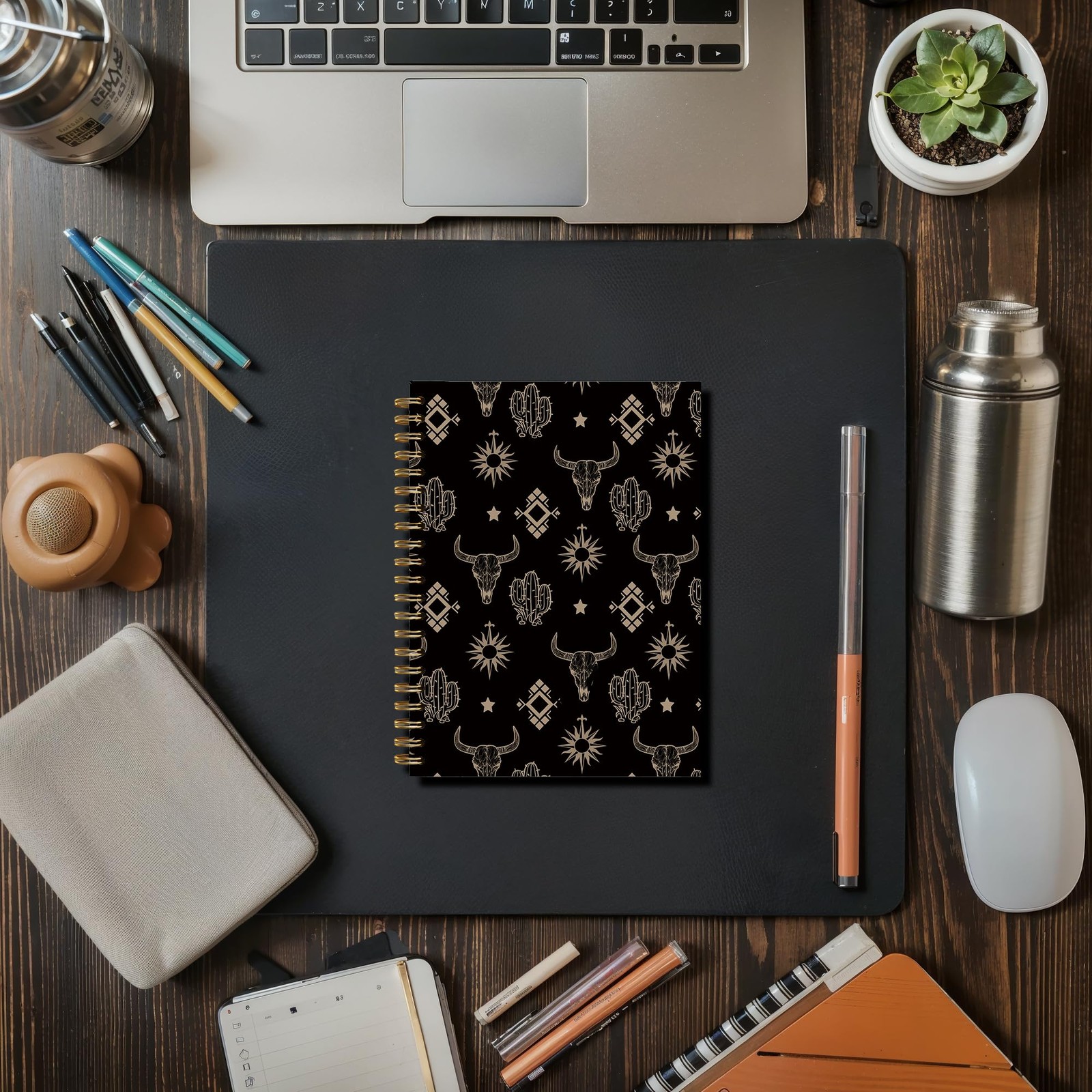 Boho Black Western Aztec Cow Bull Skull Spiral Notebook Journal for Work Scho…