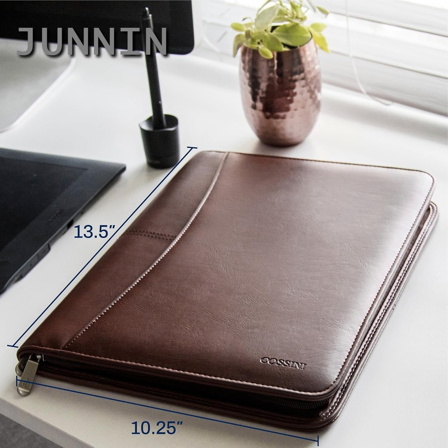Brown PU Leather Business Portfolio Zipper Padfolio Tablet Sleeve Solar Calculat
