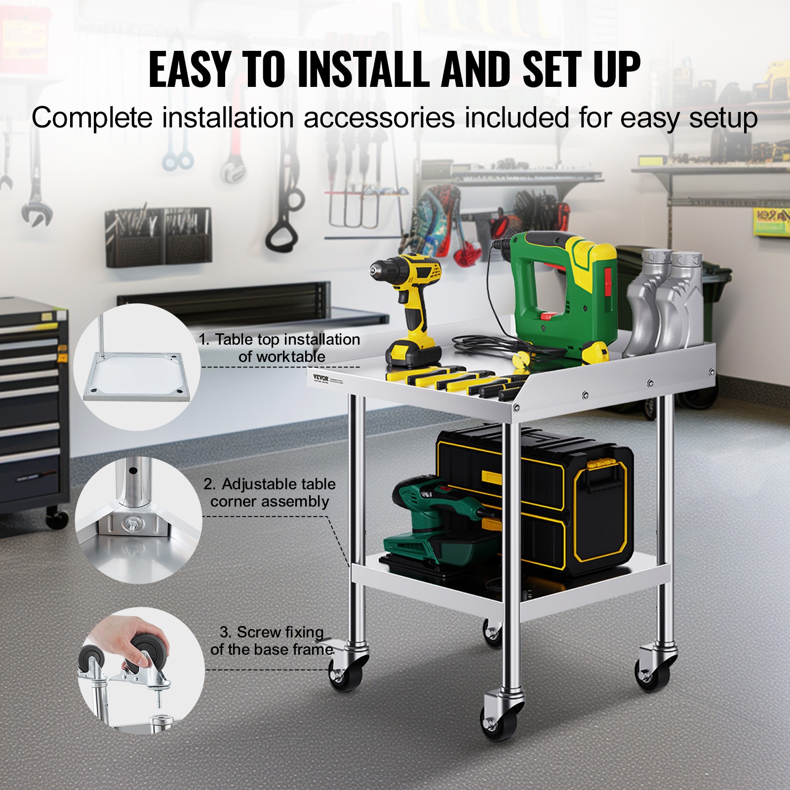 VEVOR Stainless Steel Work Table 24″x24″ Commercial Food Prep Table W/ 4 Casters