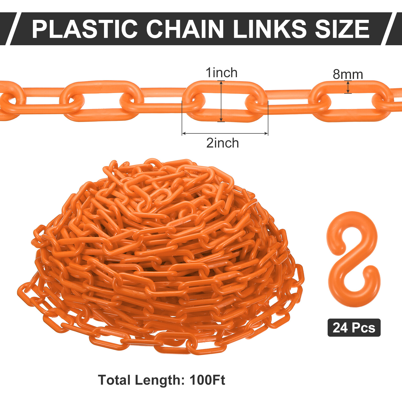 Plastic Chain Links, 100 Foot 2″ Safety Chains, Orange Plastic Chains