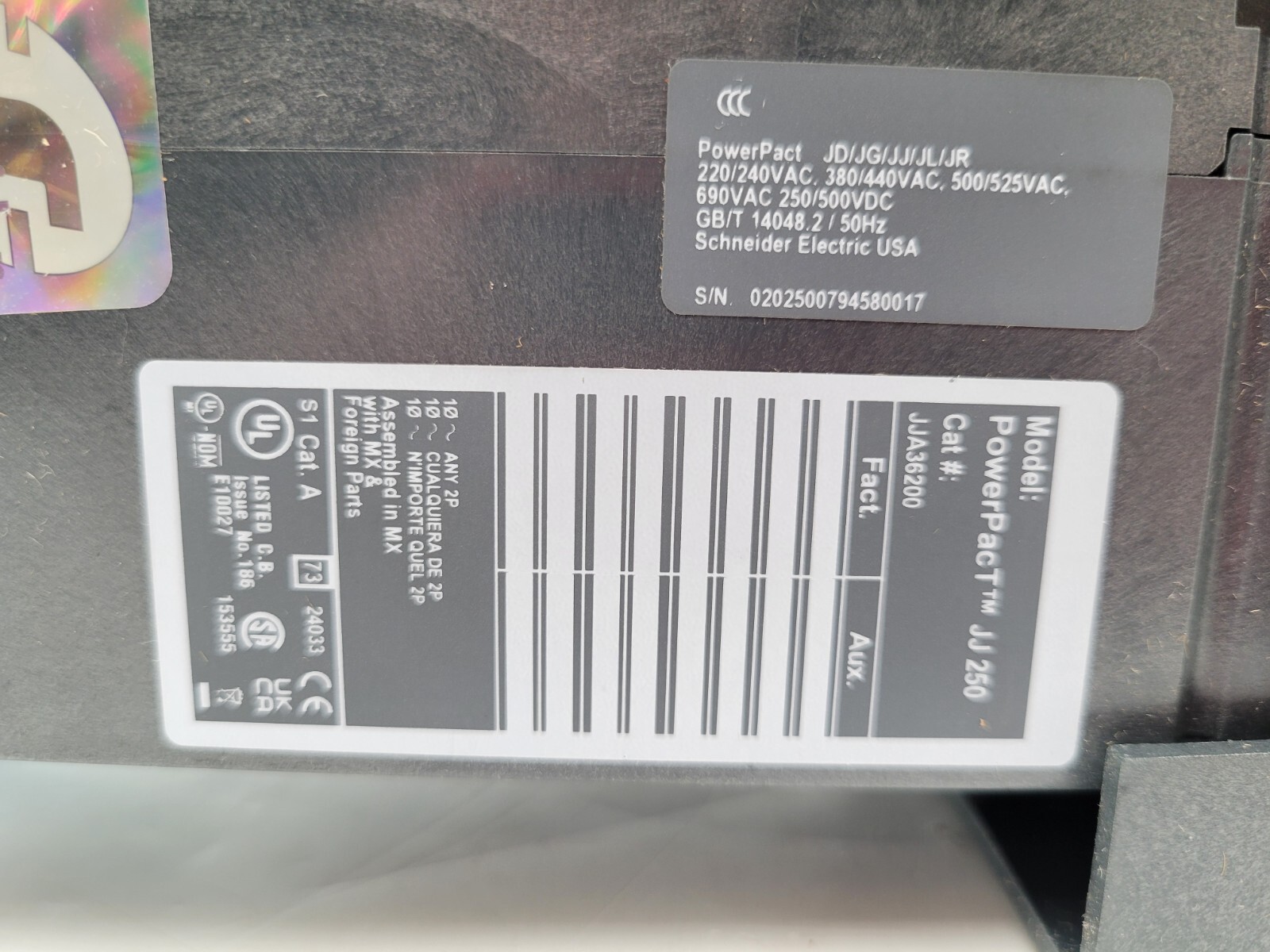 Square D JJA36200 PowerPact I-Line Circuit Breaker 200A 600VAC 3P 3PH Type JJA