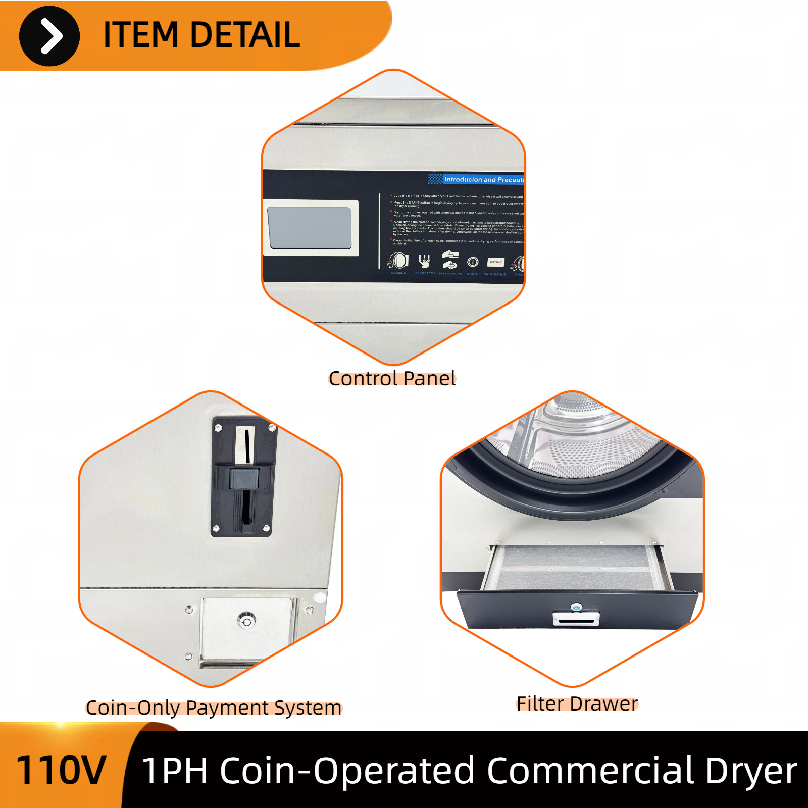 Commercial Gas Dryer 16kg Coin-Operated Laundromat & Industrial Use 110V 1-PH