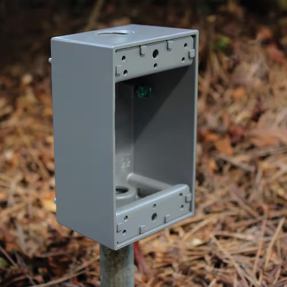 1-Gang Metal Weatherproof Electrical Outlet Box with (3) 1/2 Inch Holes, Gray