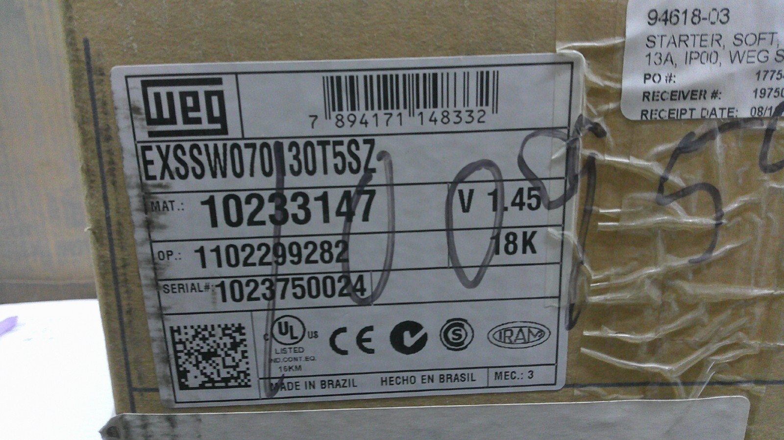 WEG Soft Starter EXSSW070130T5SZ SS07 460VAC 100HP 15A IP00