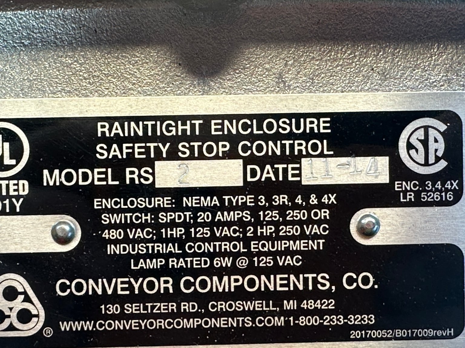Conveyor Components RS2 Safety Stop Control Industrial Equipment NEMA 4X