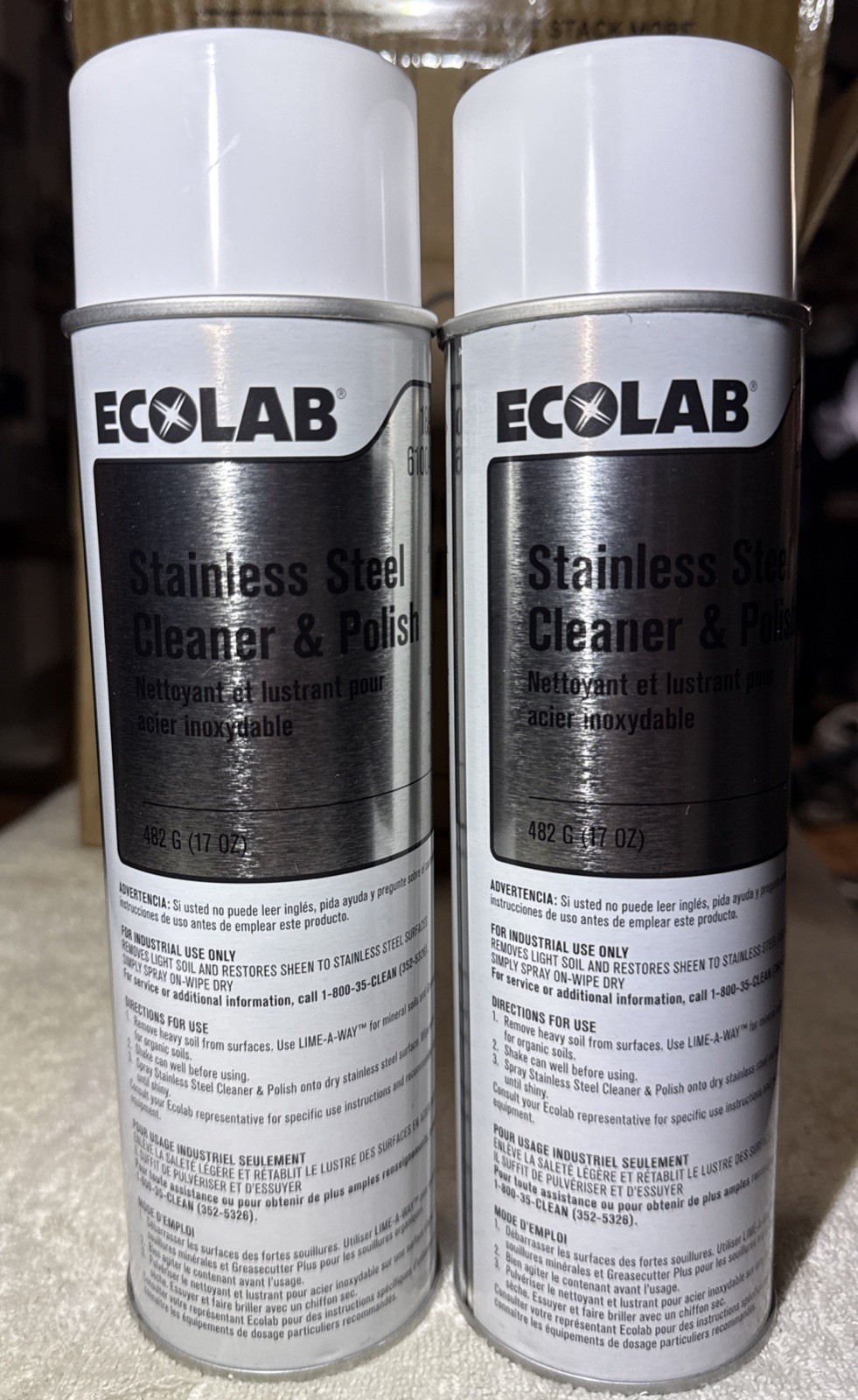 2 ECOLAB STAINLESS STEEL INDUSTRIAL SPRAY, TWO 17oz CANS