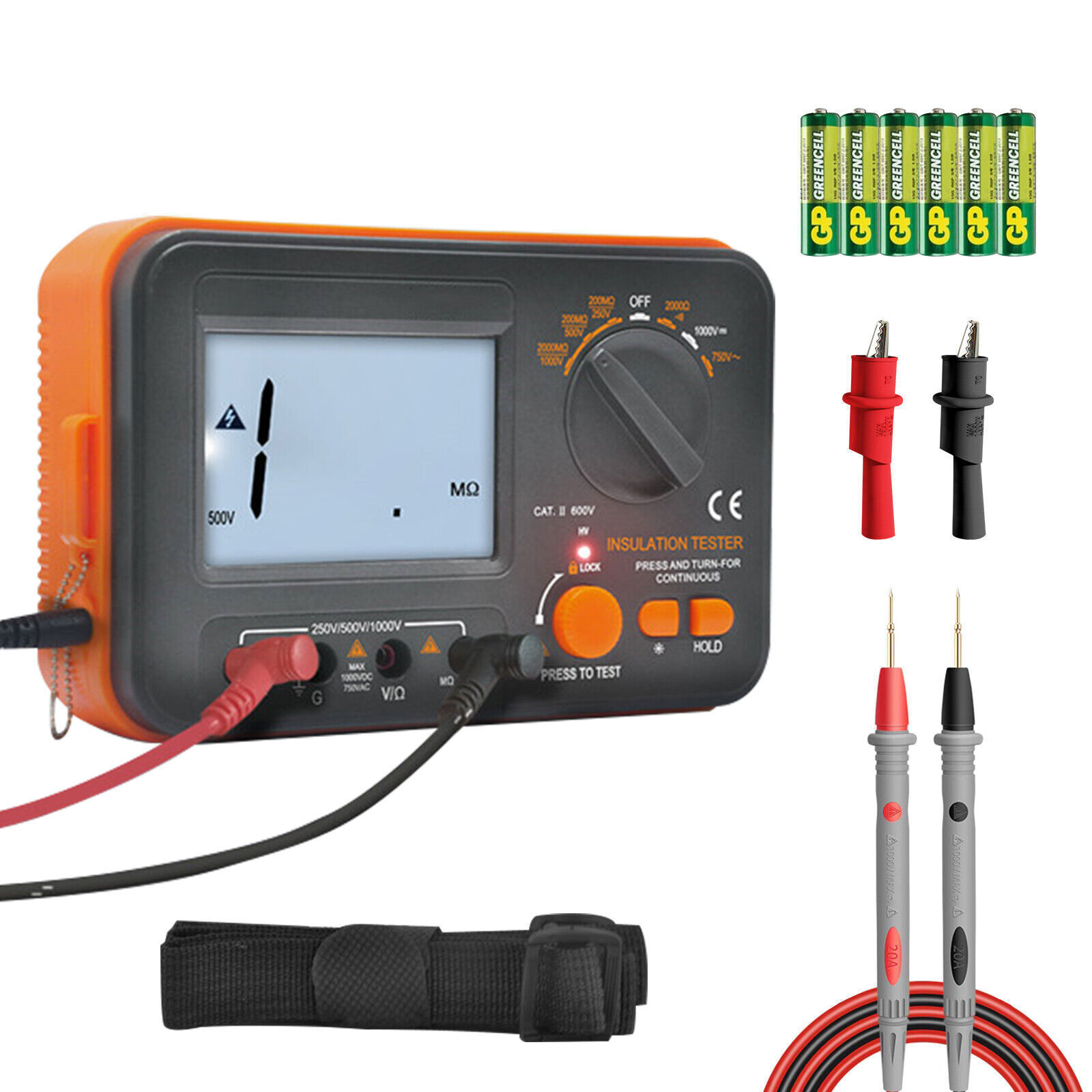 Digital Insulation Tester 250V/500V/1000V 2000MΩ 19999C Backlit LCD Data Hold