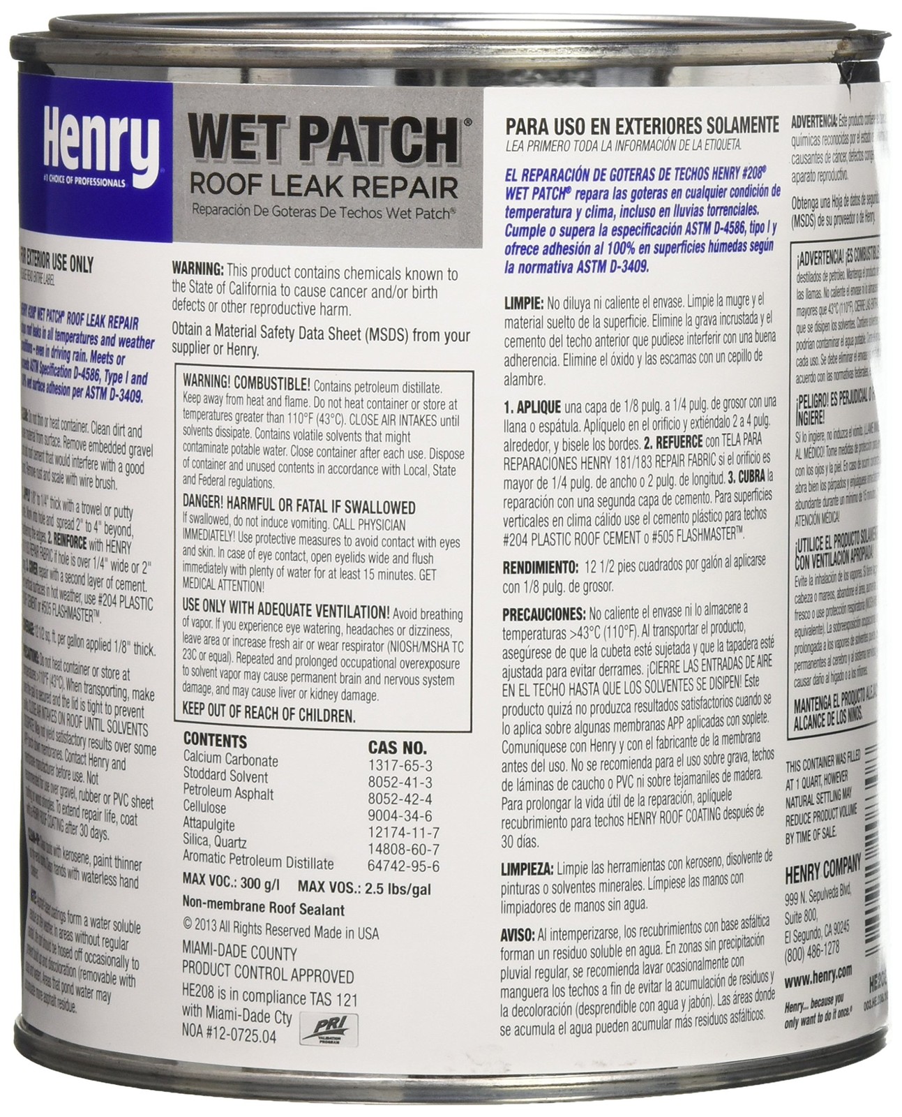 Henry HE208030 Wet Patch Roof Cement Black 30 oz Quart Can