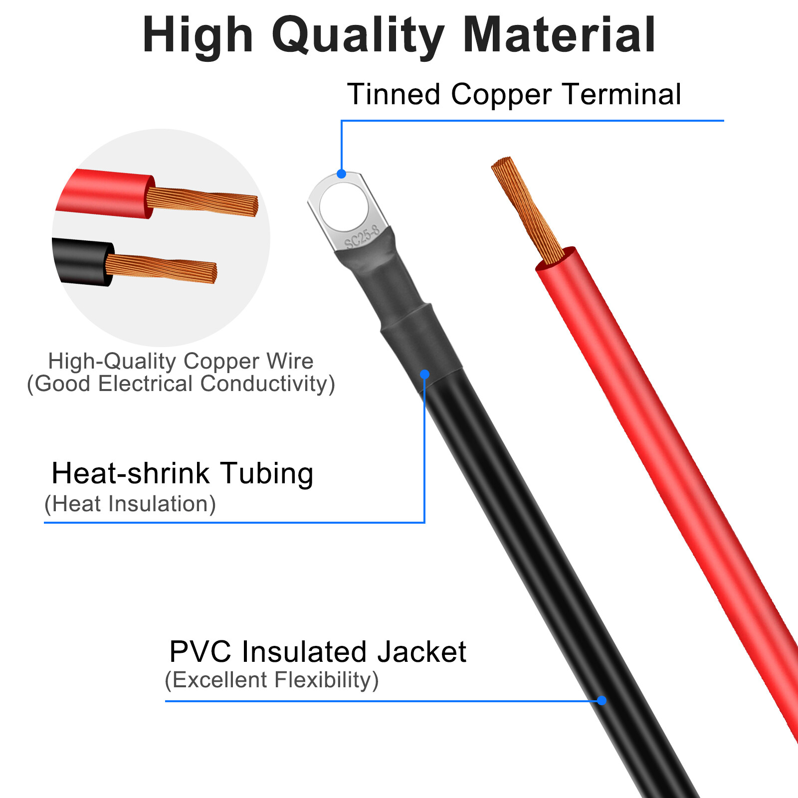 2 pcs 4 AWG Gauge 24inch Battery Cable 5/16 or 3/8 Copper Car Solar Power Wire