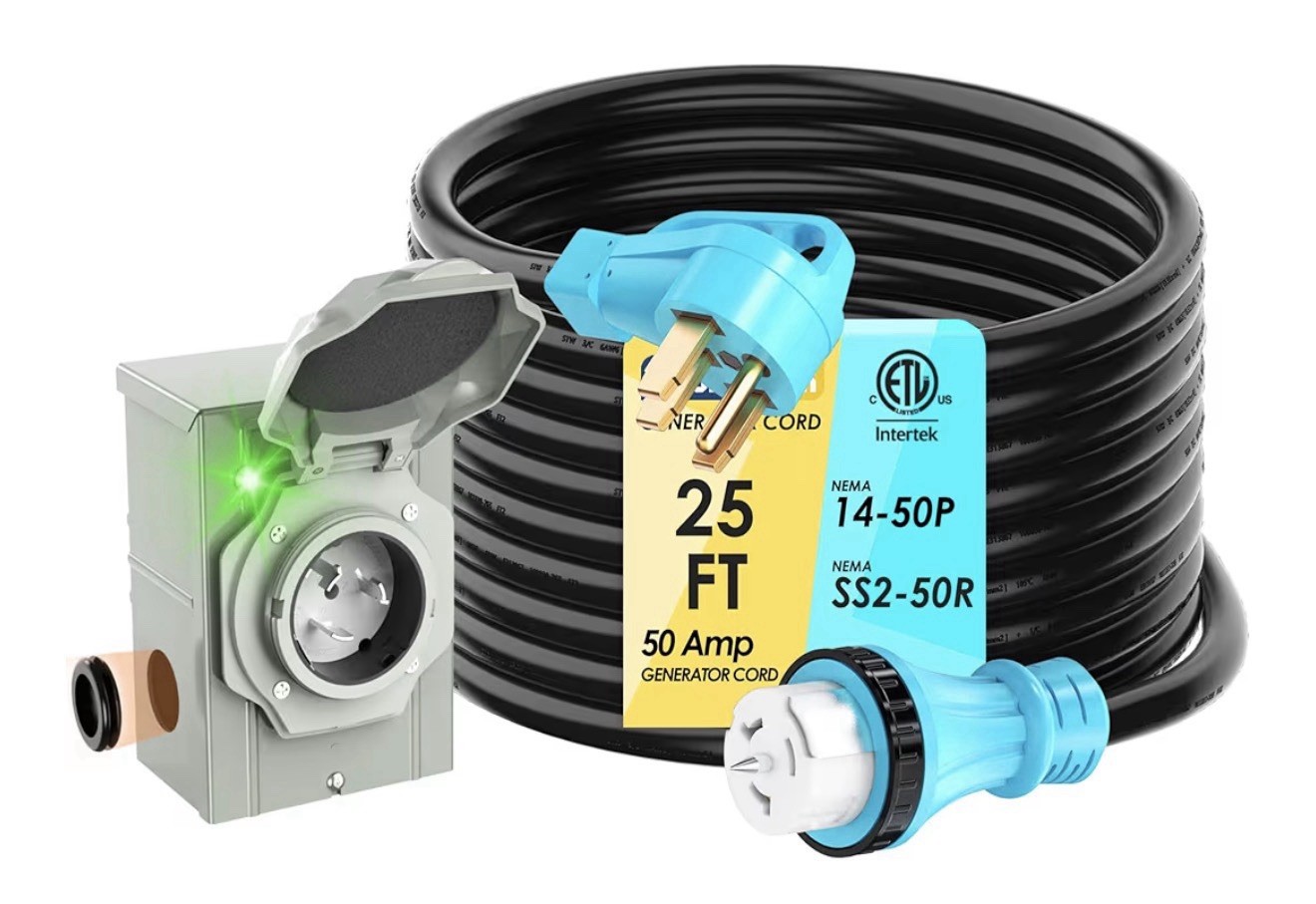 50 Amp 25 Feet Generator Cord and Power Inlet Box Combo Kit NEMA 14-50P