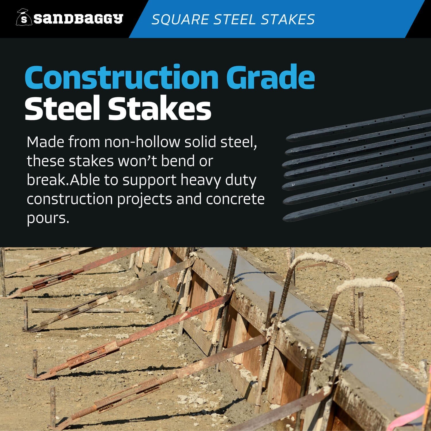 Sandbaggy 36″ Square Steel Concrete Form Stakes with Nail Holes – Rust Resistant