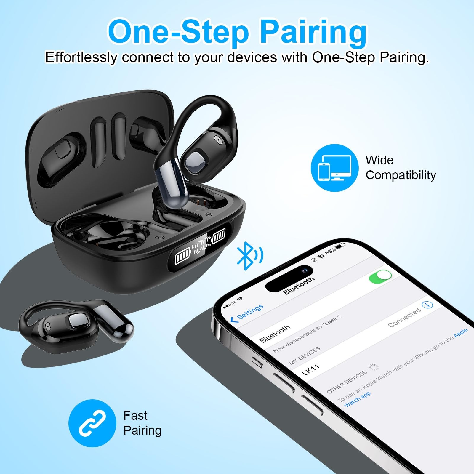 2B2C Open Ear Bluetooth 5.3 Wireless Air Conduction Headphones Mic LED Display