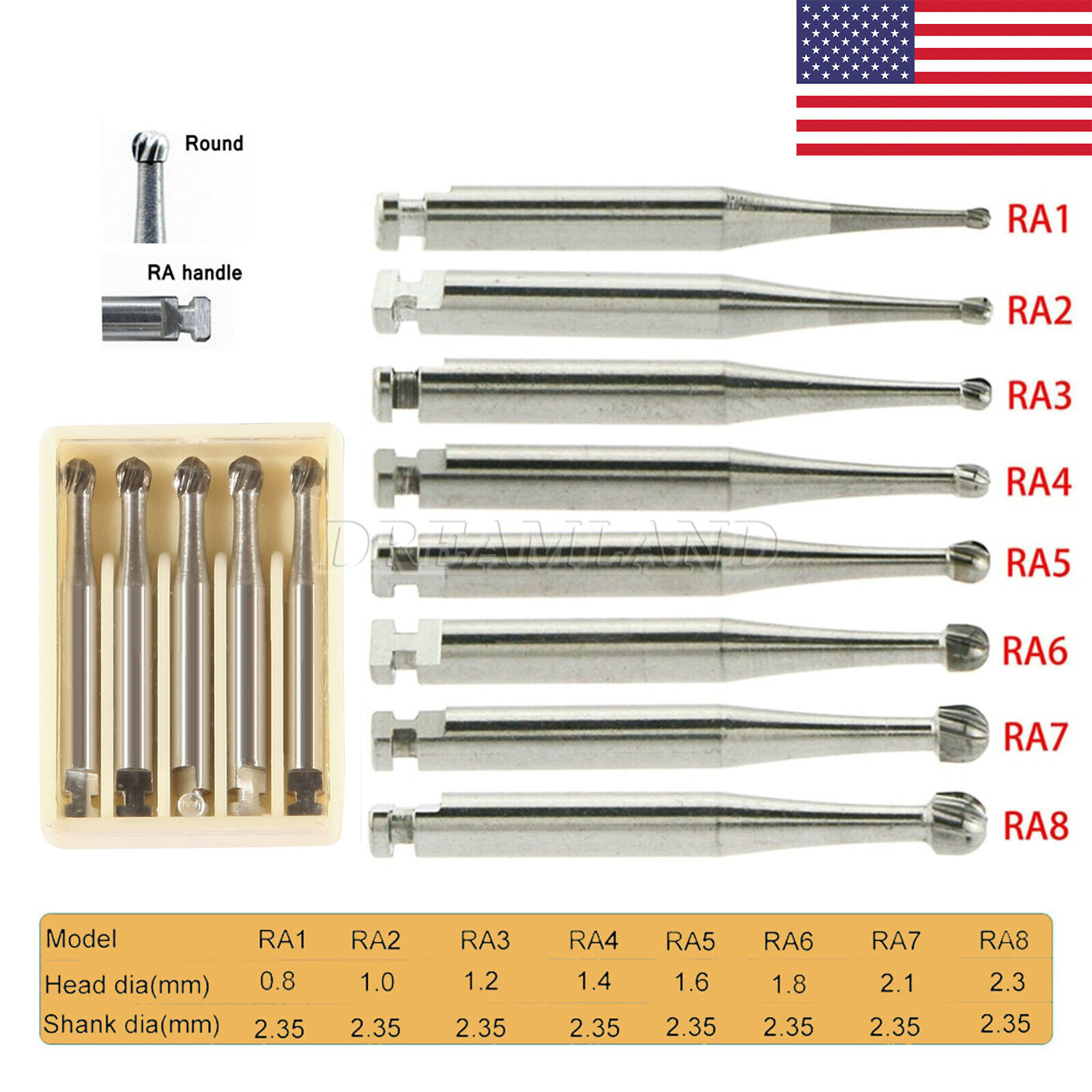 Dental Round Latch Carbide Bur RA 1 2 3 4 5 6 7 8 Midwest For Slow Low Speed