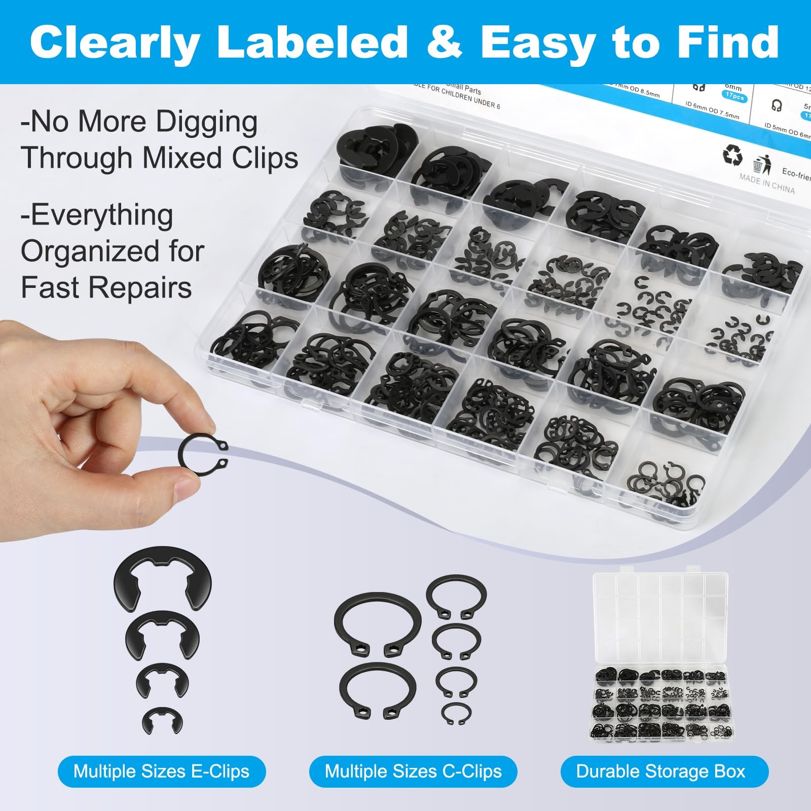 324Pcs C Clips & E Clips Assortment Kit, External Retaining Snap Rings