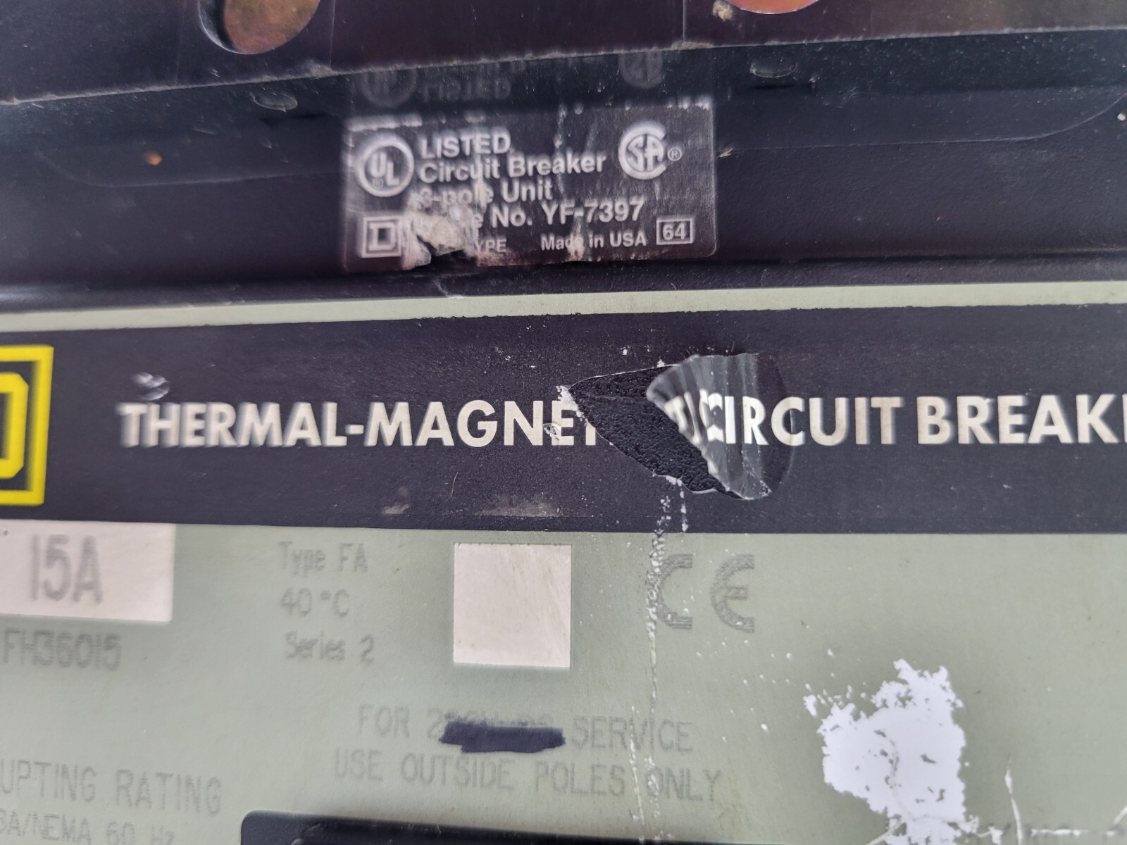 Square D FH36015 I-Line Circuit Breaker 15A 600V 3P 3PH Type FA FH 15 Amp 3 Pole