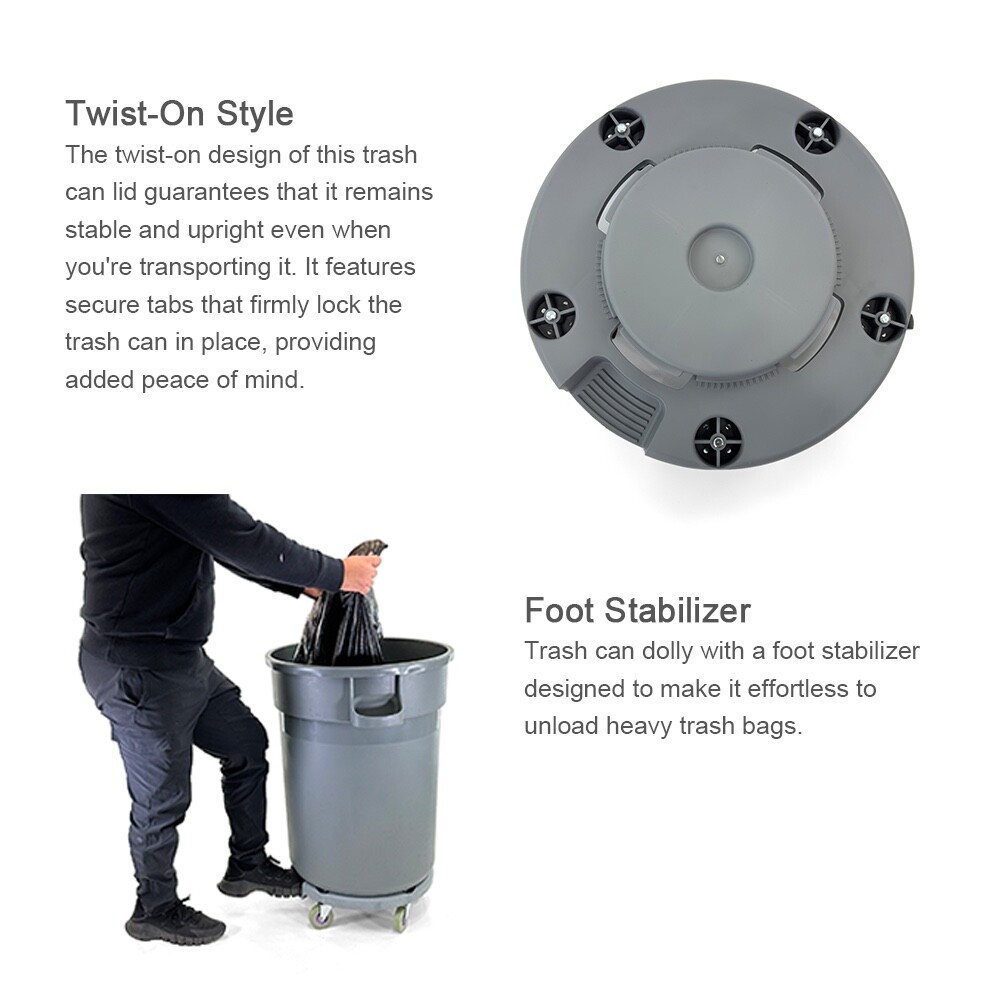Trash Can Dolly | Heavy-Duty Plastic | 5 Casters | Foot Stabilizer | 460 Lb. Cap