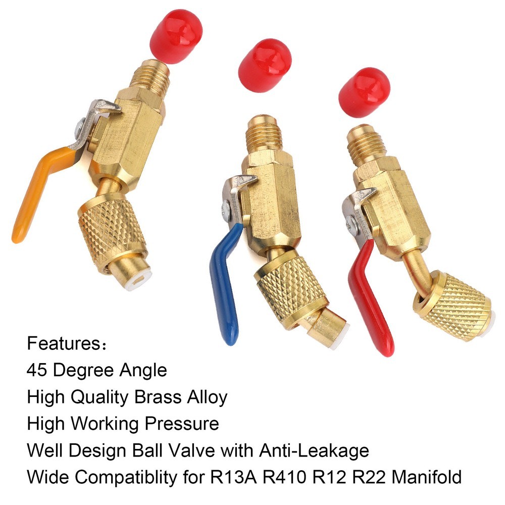 1/4″ SAE Angled Small Ball Valve 3PCS AC Refrigerant Charging Hoses