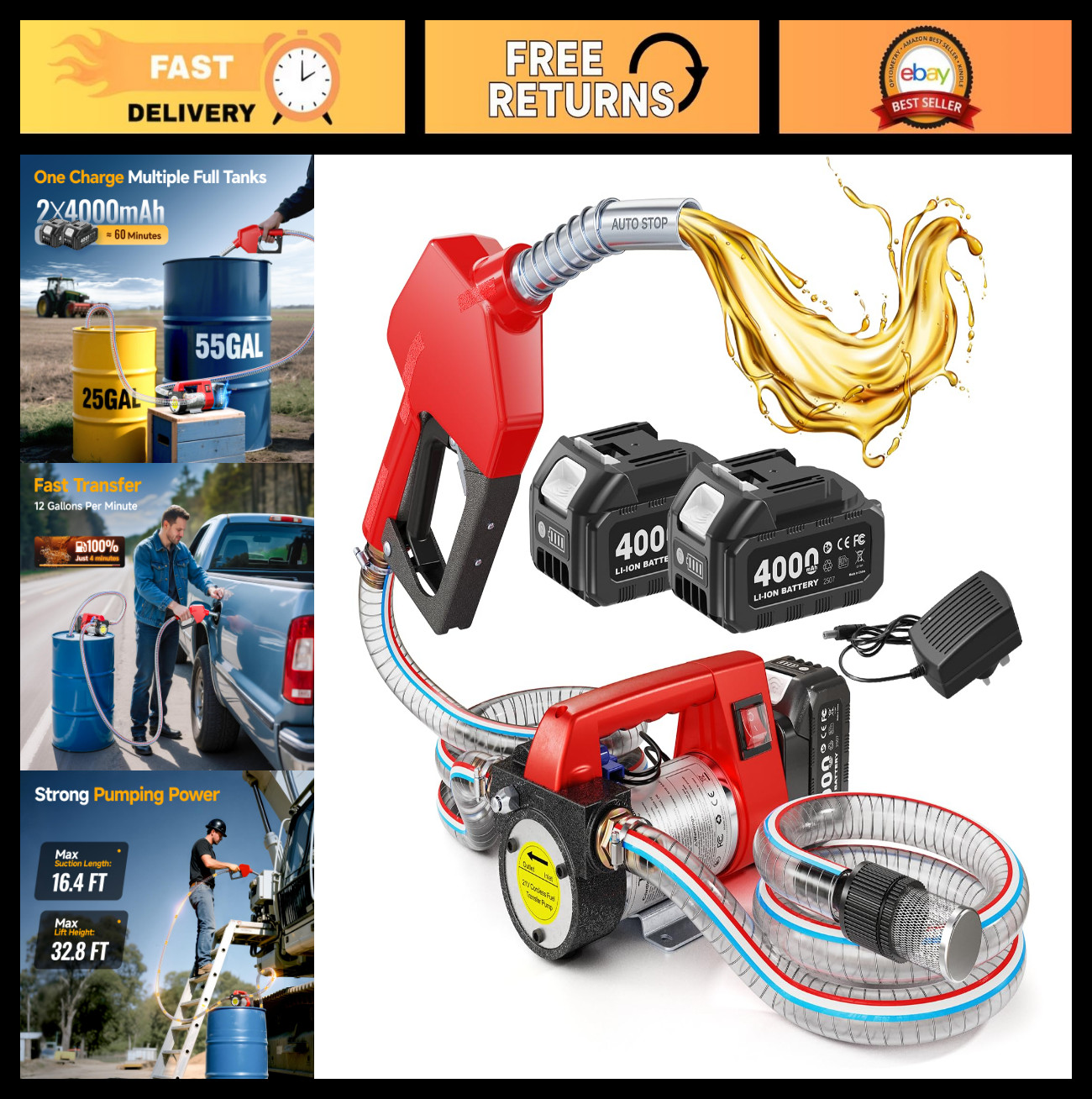 Portable 12GPM Battery-Powered Fuel Transfer Pump Kit with Auto-Off Nozzle & Hos