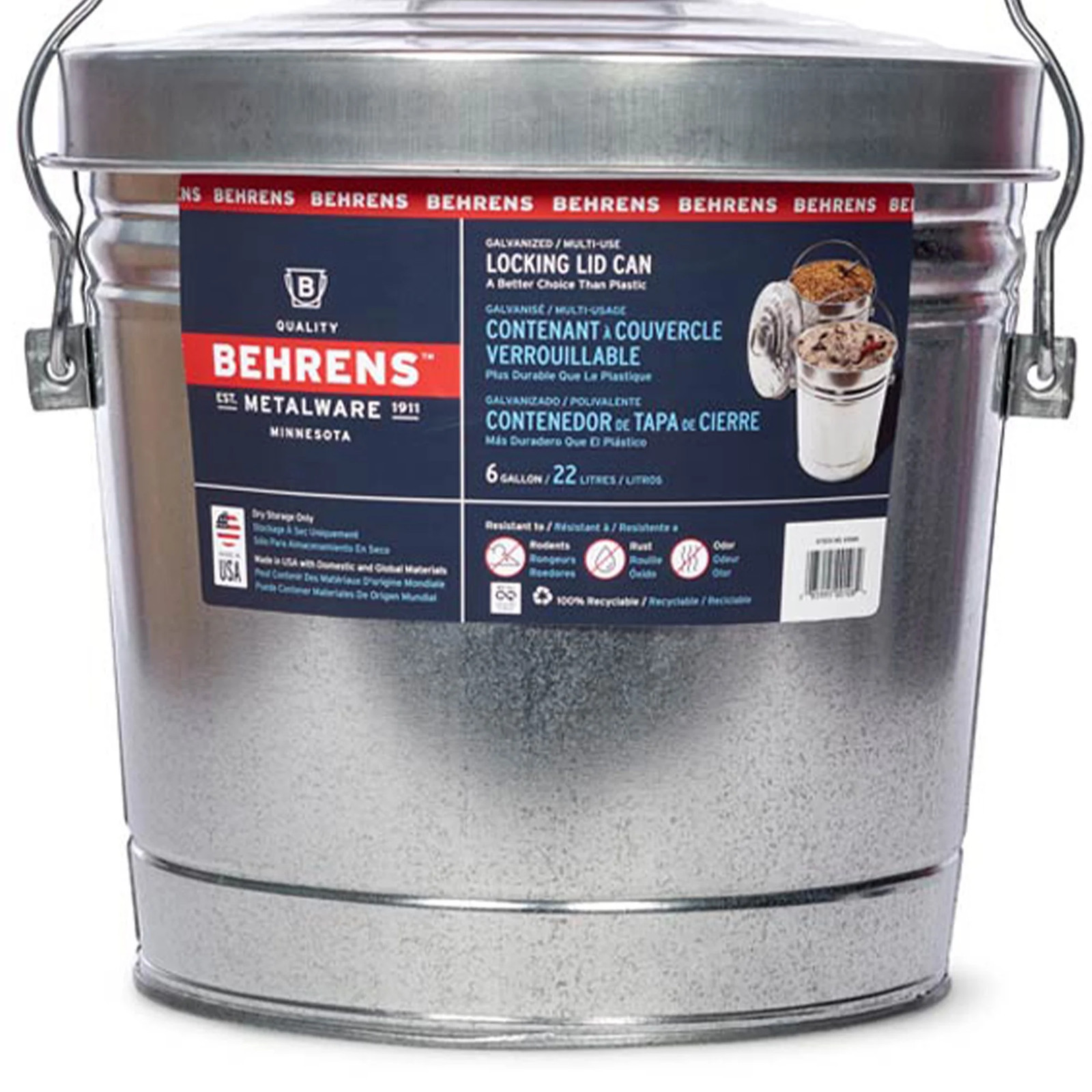 BEHRENS Galvanized Steel Locking Lid Storage Can, 6-Gallon