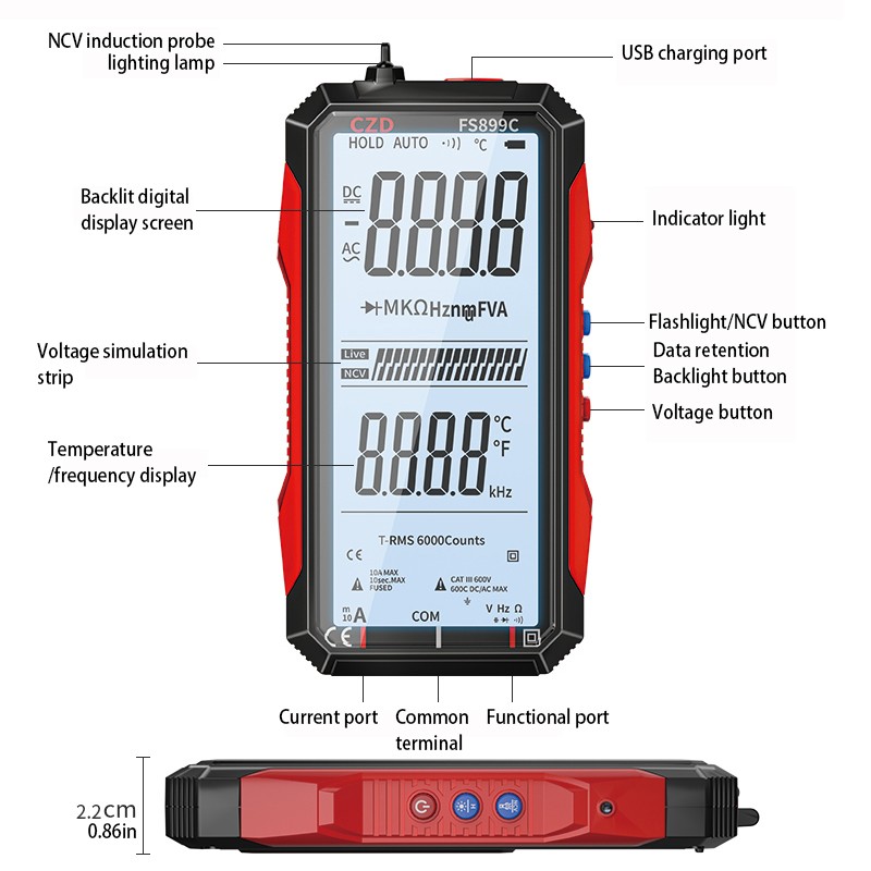 USB Rechargeable Digital Multimeter 6000 Counts Large Color Screen & Backlight