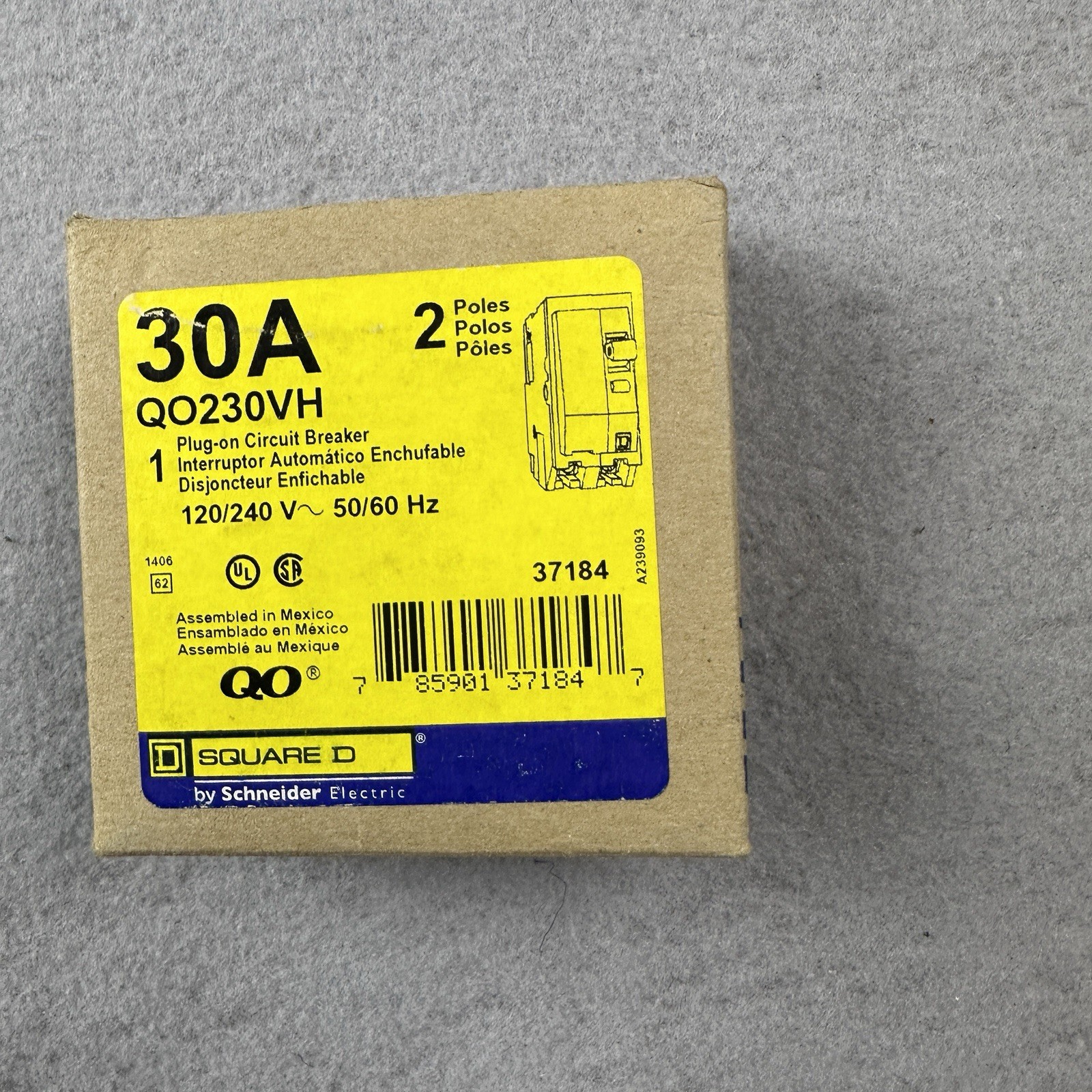Square D QO230VH 30A 2 Pole 240V 22kA Snap-in Miniature Circuit Breaker New