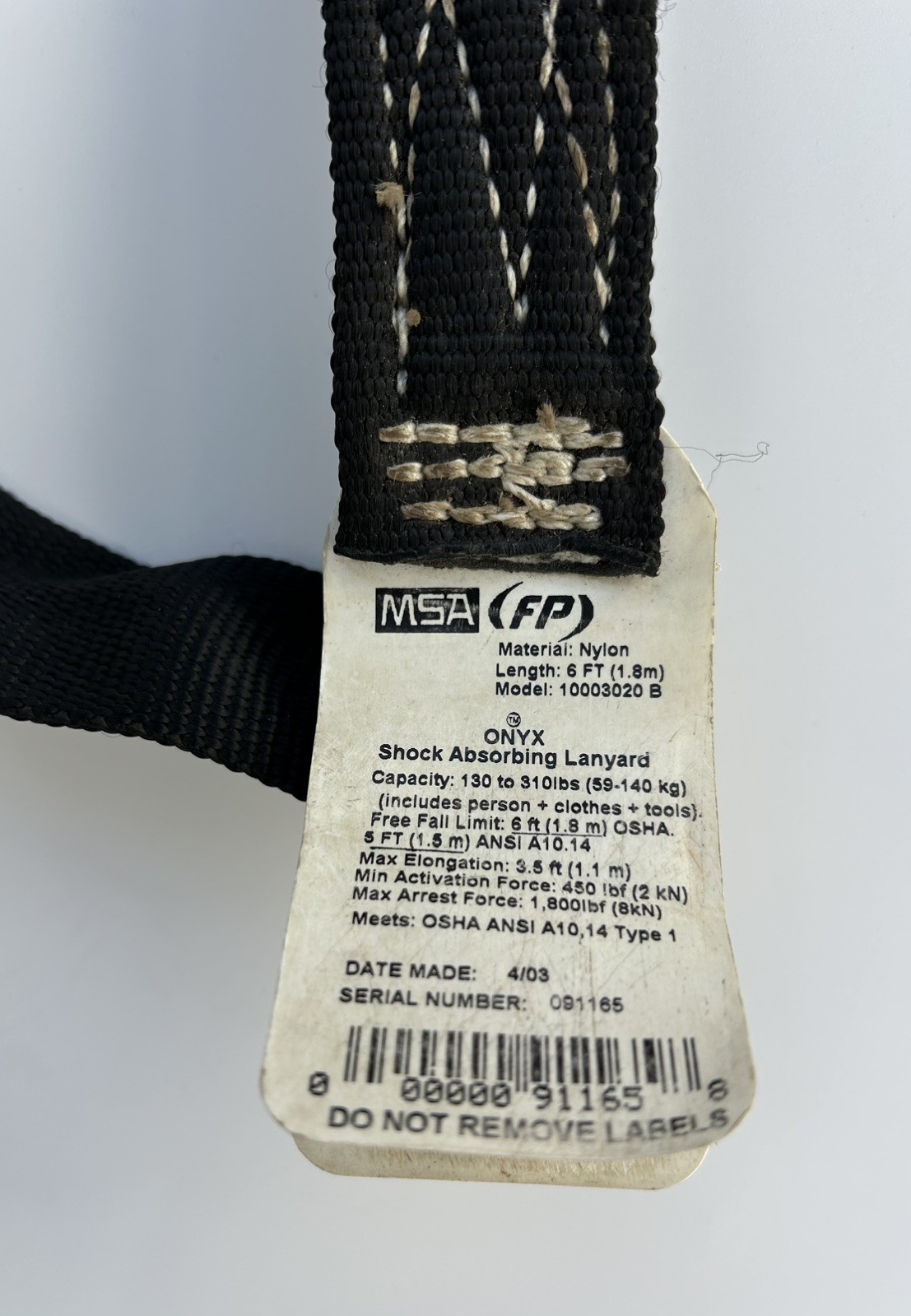 MSA Shock Absorbing Lanyard 1003020 B 6 ft. Safety Lanyard