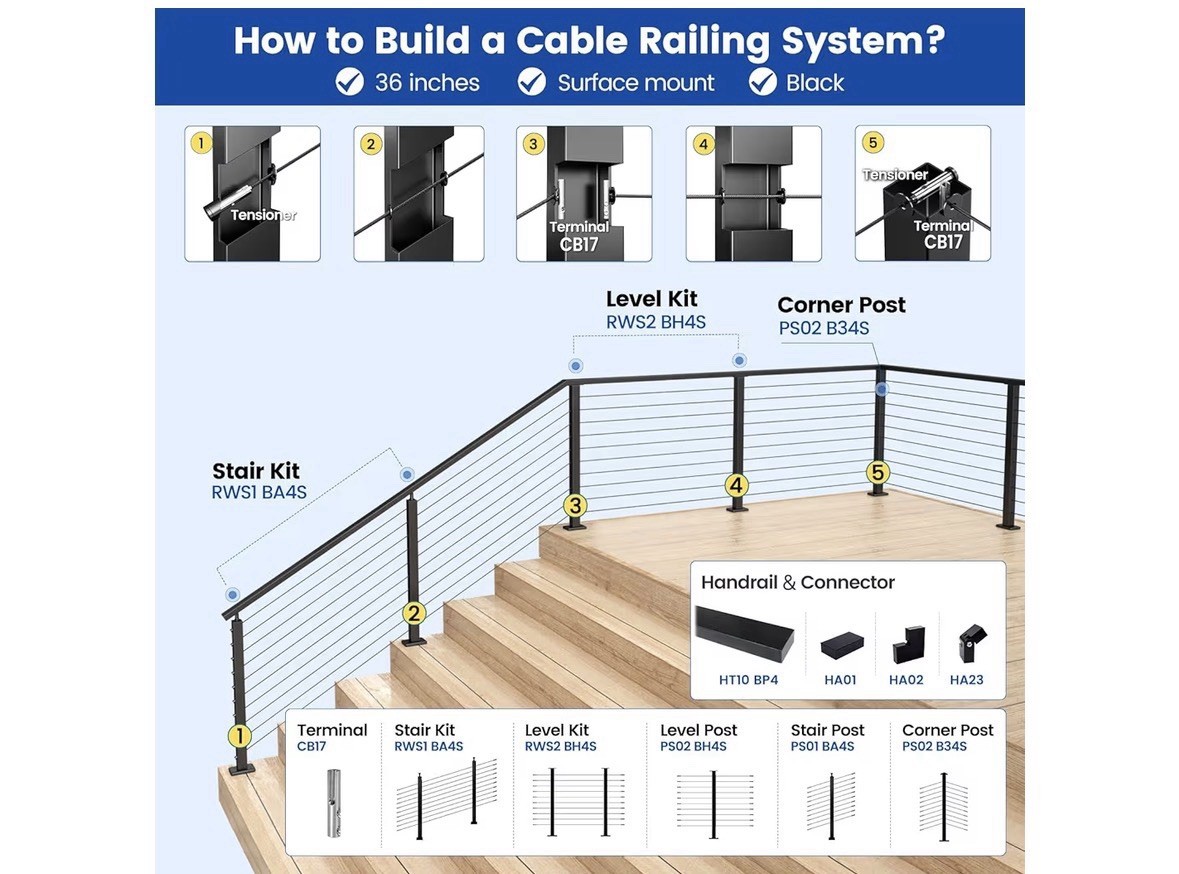Muzata 1200 ft 1/8″ Black Stainless Steel Cable Railing System Hardware T316 New