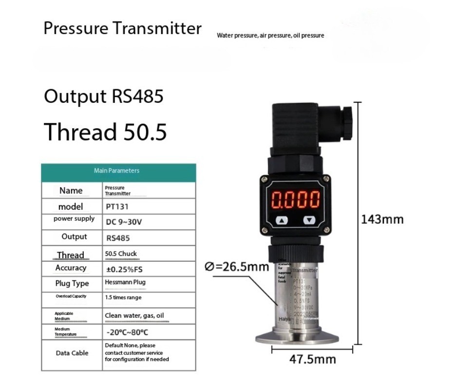 Sanitary Pressure Transmitter Flat Diaphragm Quick-Connect Chuck Pressure Sensor