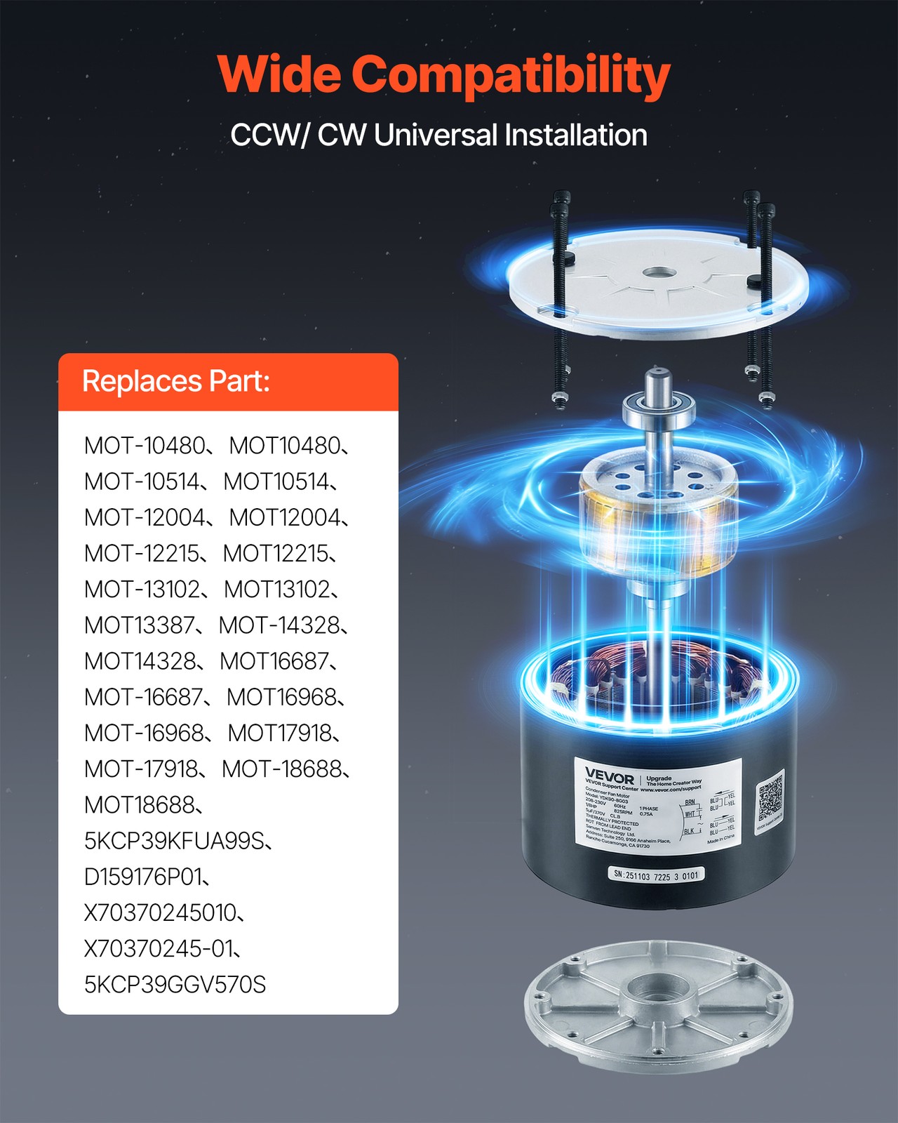 VEVOR Condenser Fan Motor with Capacitor 1/8HP 825RPM 208-230V CW/CCW Rotation