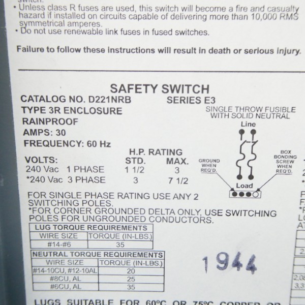 SQUARE D D221NRB SER. E3 240VAC 30A NSNP