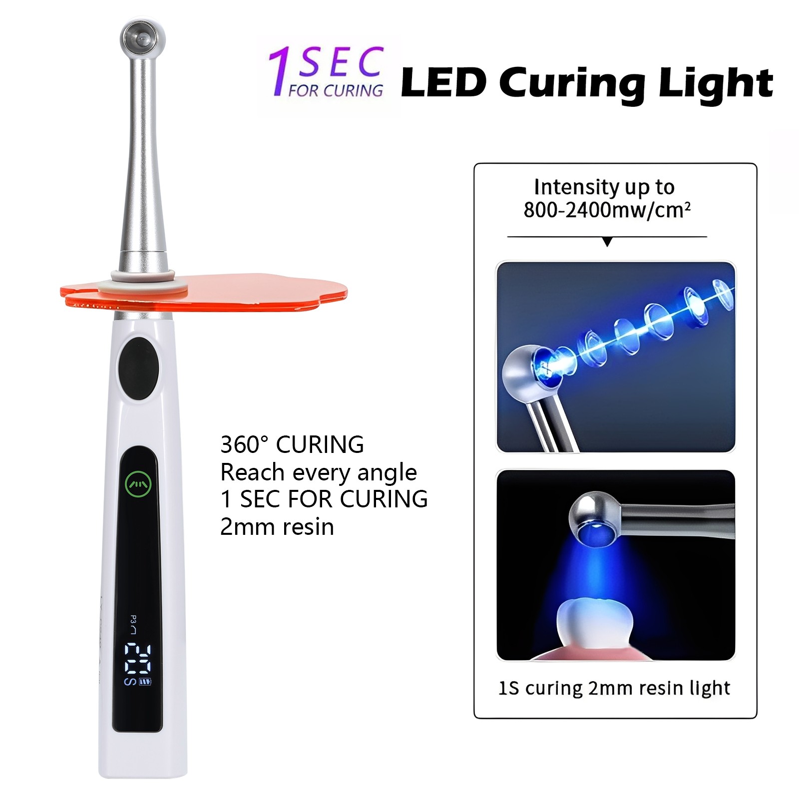 Dental Cordless LED Curing Light Lamp 1 Second Cure 800-2400mw/cm²