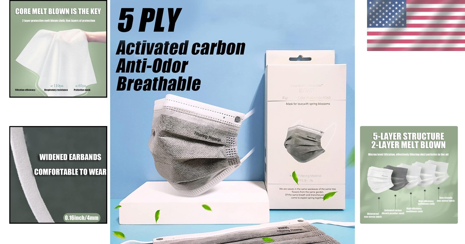 Daily Use 5-Ply Face Masks for Adults – 20 Count Activated Carbon Filters