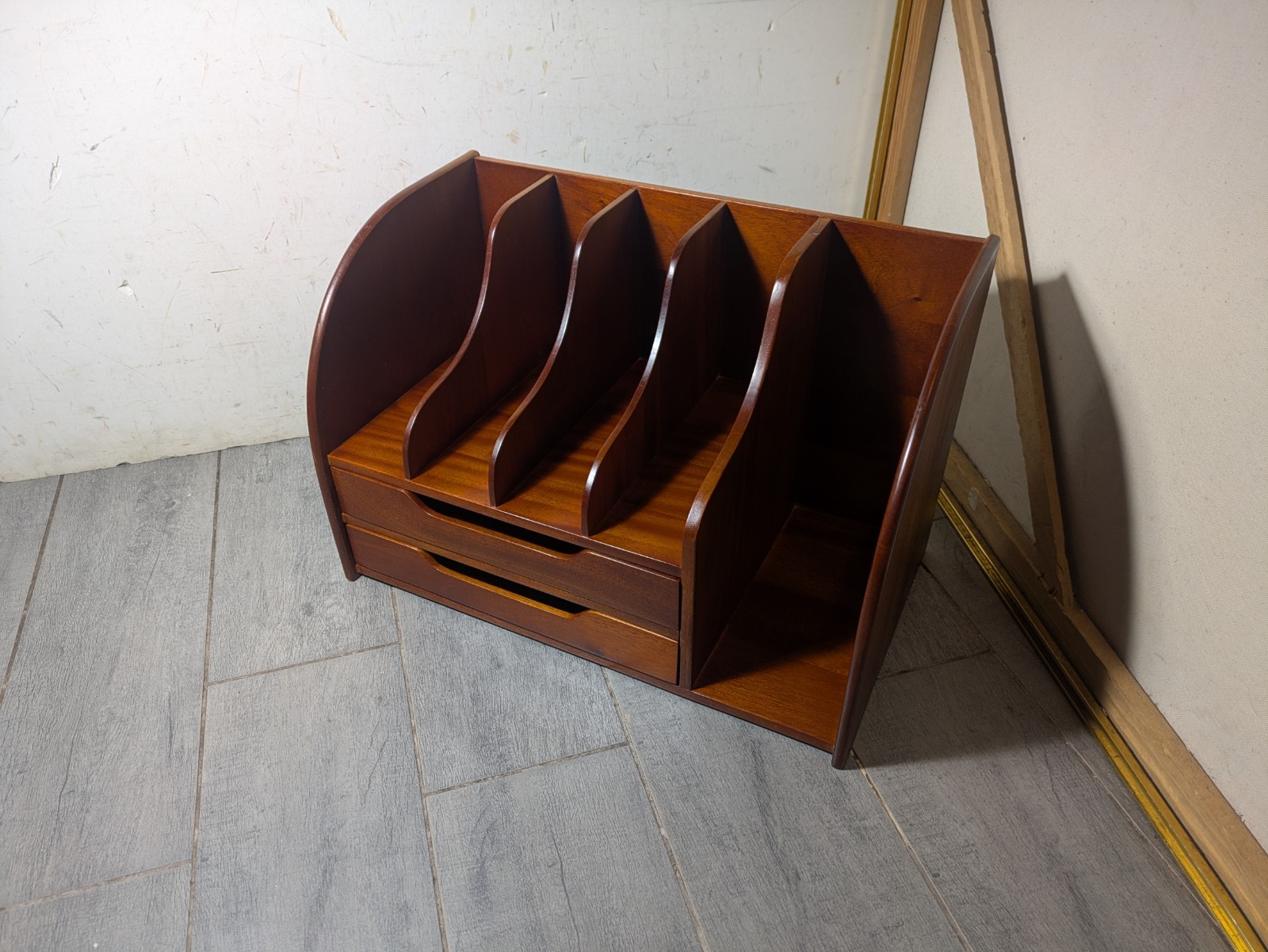 Vintage Mid Century Danish Modern Mahogany Wood Desk Organizer Mail Sorter H66