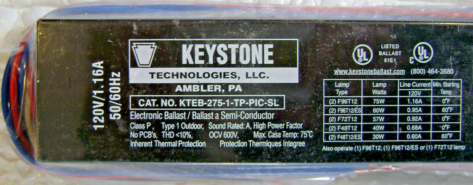 5x Keystone KTEB-275-1-TP-PIC-SL 120V Electronic Ballast F96T12, F72T12, F48T12
