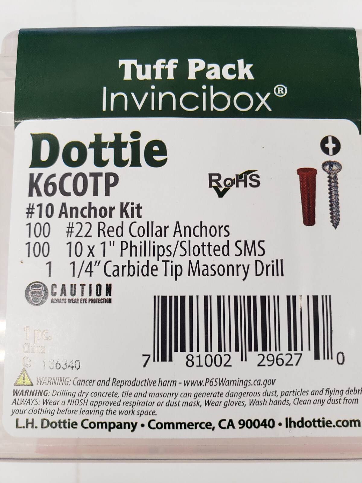 Bx/100 L.H. Dottie K6COTP Anchor Kit #22 Anchor, 10×1″ Machine Screw, 1/4″ Drill