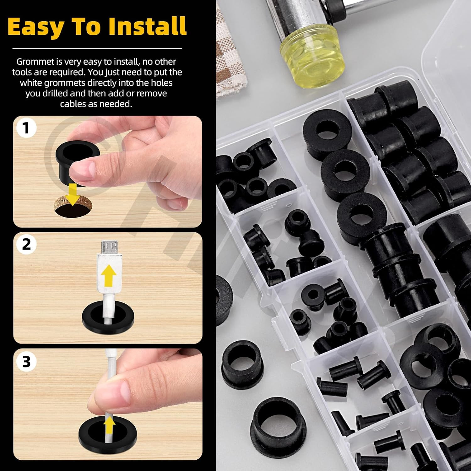 72PCS 9 Sizes Black Silicone Rubber Grommets Kit T-Type Hole Grommet