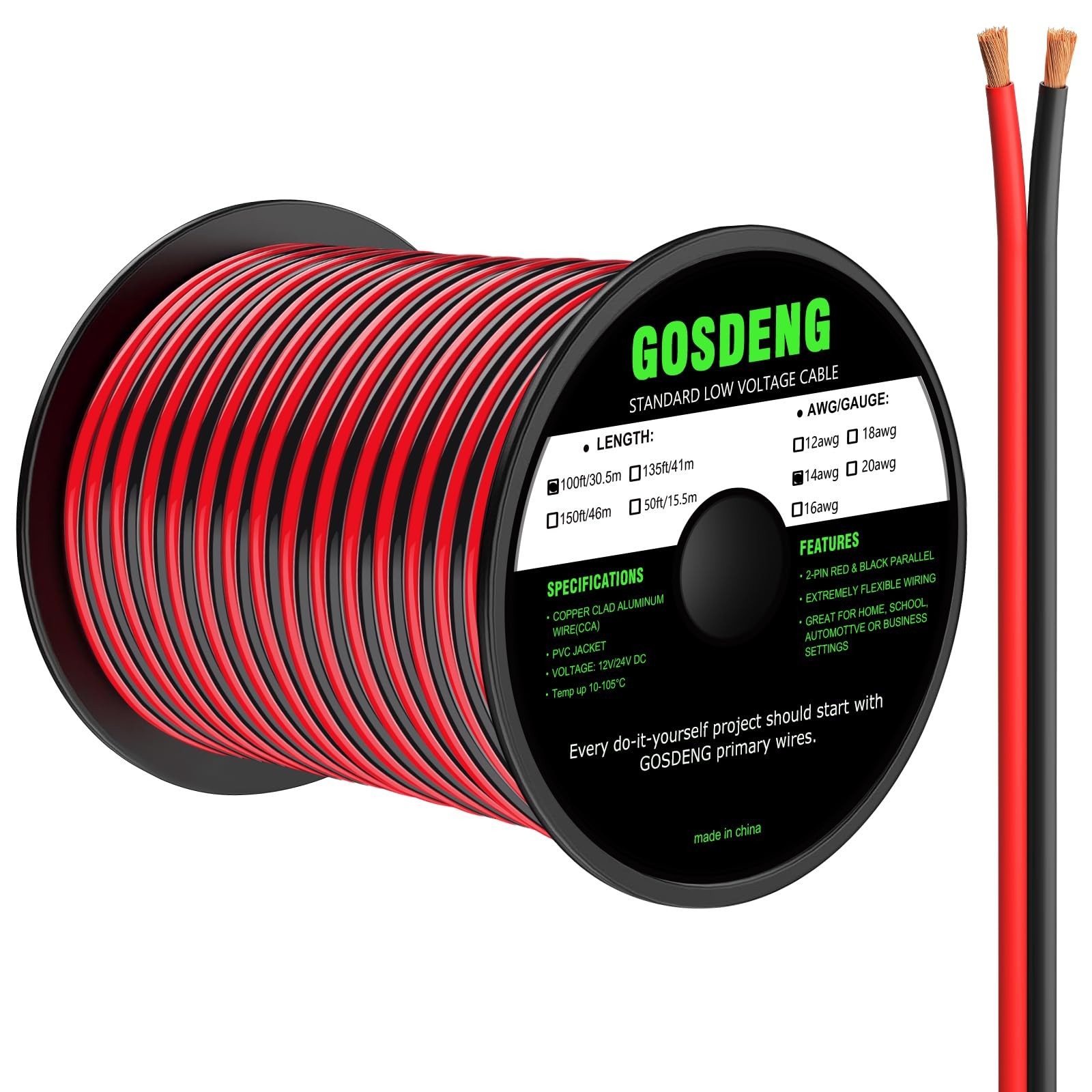 14AWG Electrical Wire 100FT Red Black 2 Conductor Low Voltage Cable