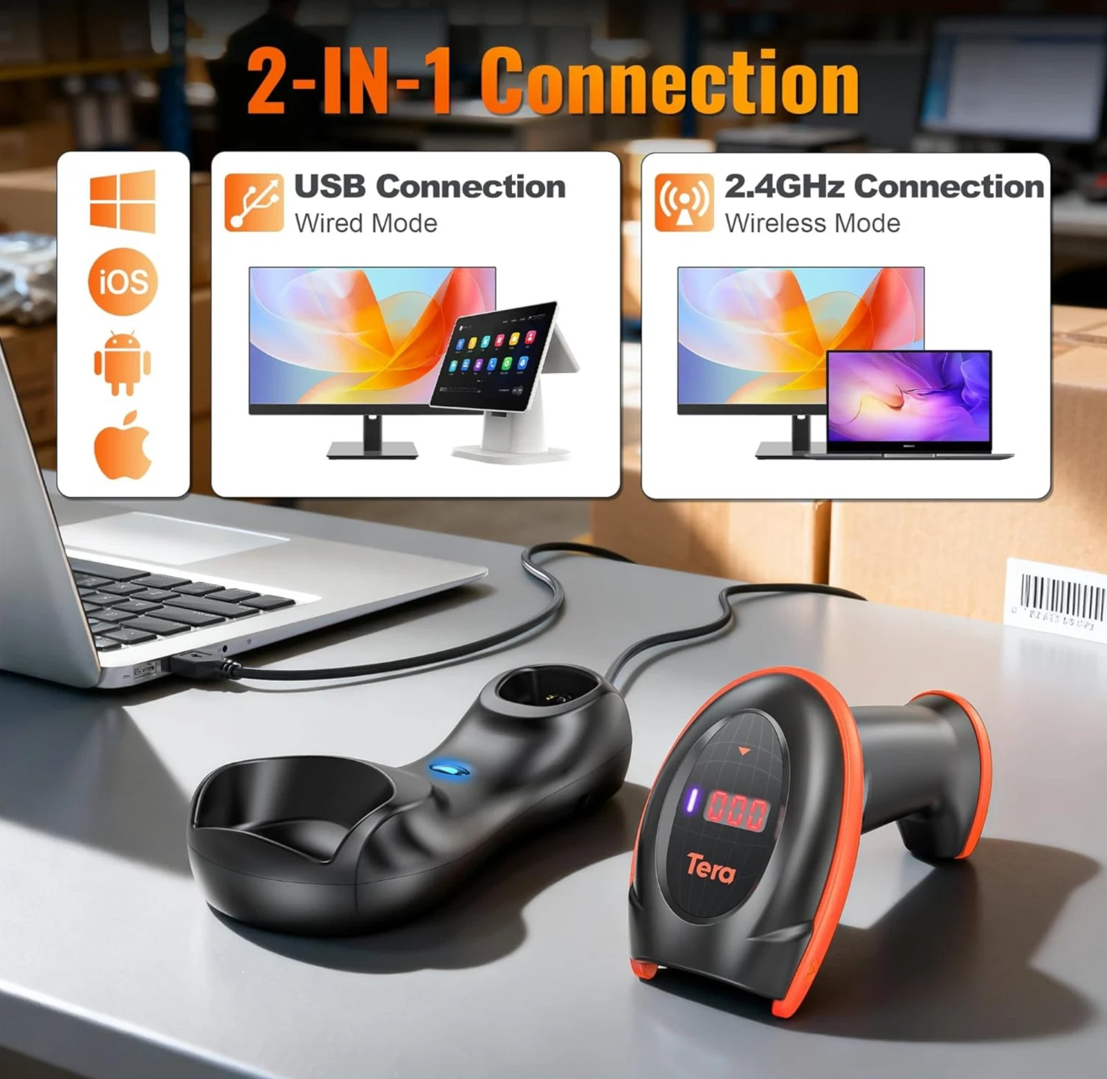 Tera Pro Series Wireless 1D 2D QR Barcode Scanner with Cradle Display HW0008