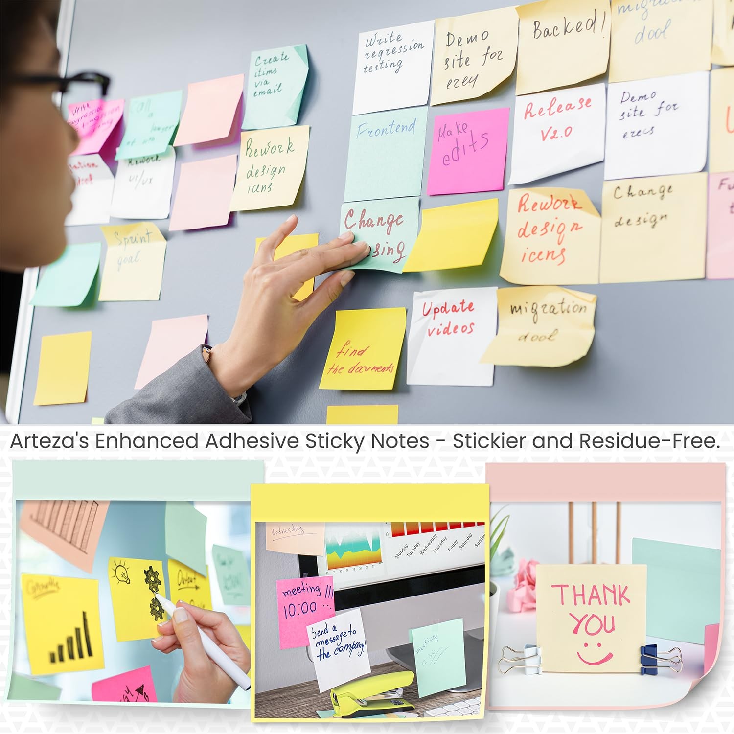 ARTEZA Sticky Notes 3×3 Inches, 48 Sticky Pads, Bulk Sticky Note Pads, Assorted