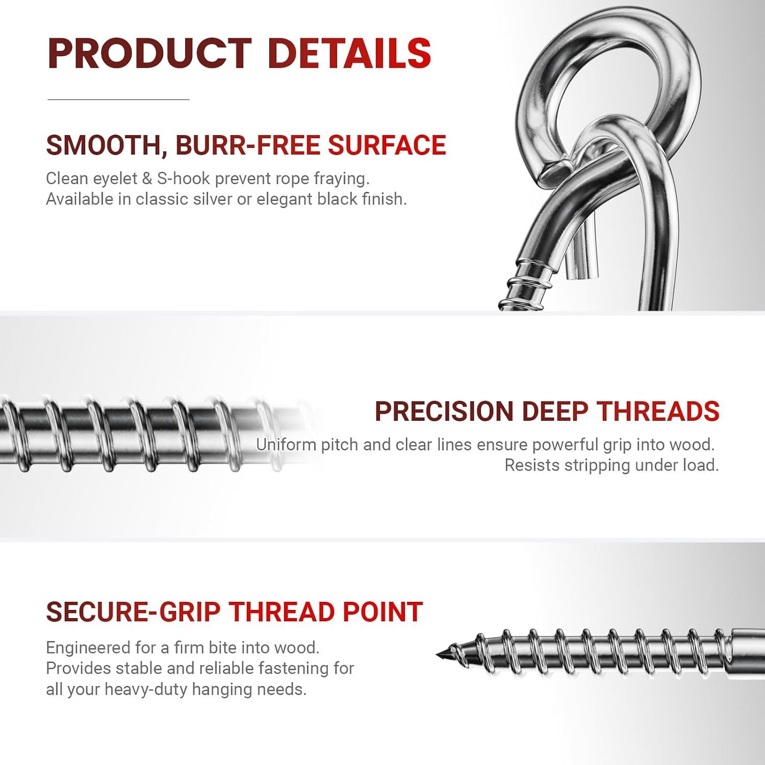 300LBS Heavy Duty 3.2 Inch 304 Stainless Steel Screw Eye Hooks with 5 S-Hooks, S