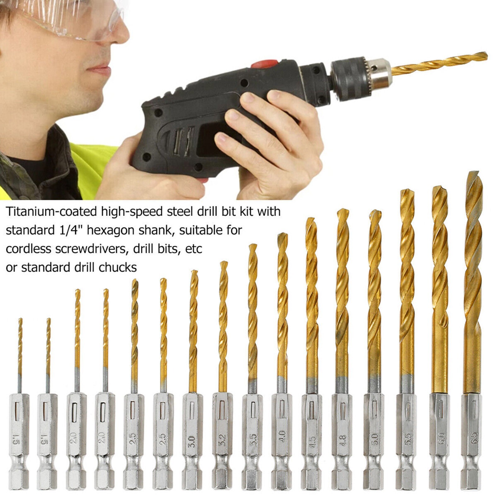 32pcs 1/4” Hex Shank Titanium Coated HSS Steel DRILL BIT Set Metal Wood Plastic