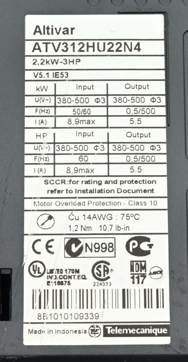 Schneider ATV312HU22N4 ATV312 Variable Drive 3 HP, 5.9 kVA, 79W, 3 Phase