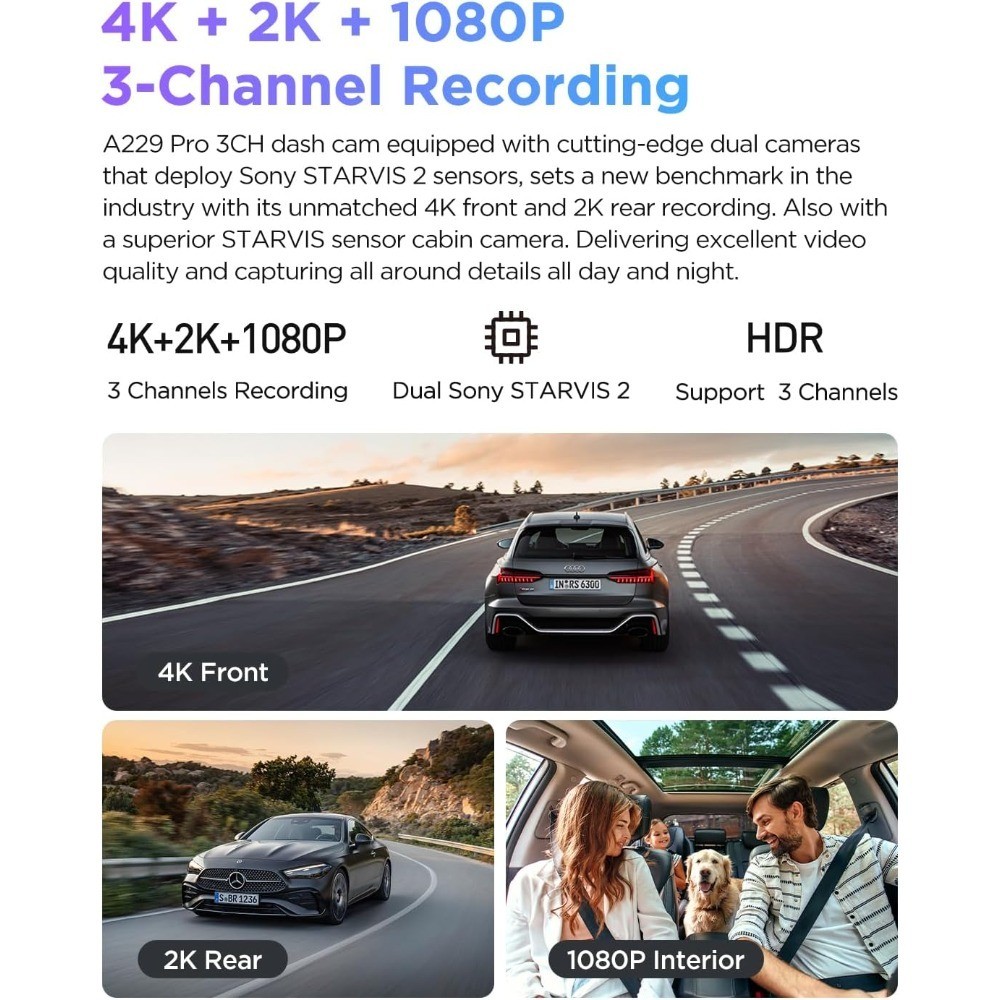 Triple Channel 4K HDR Dash Cam Front Inside Rear Car Camera 5GHz WiFi GPS Voice
