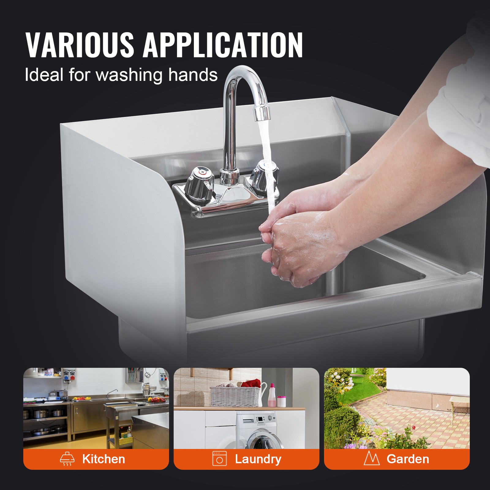 VEVOR Wall Mount Hand Wash Sink 17″x 15″ Stainless Steel w/ Faucet & Splash NSF