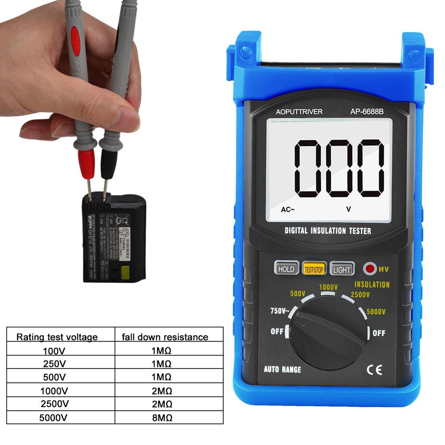 200GΩ Megohmmeter Digital Insulation Tester Test 500V/1kV/2.5kV/5kV Voltage