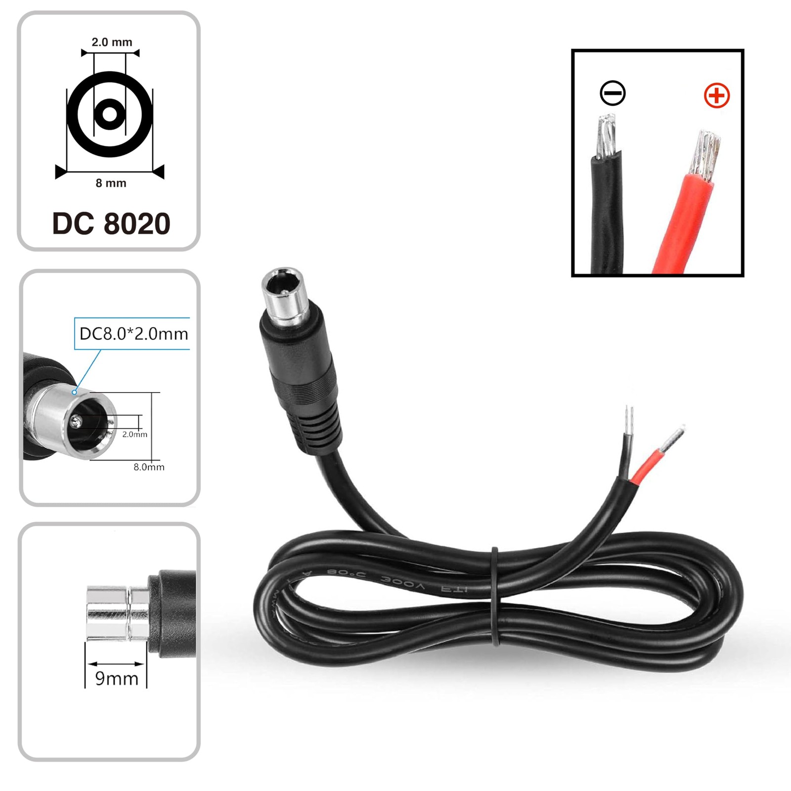 DC8020 Power Pigtails Cable 4.9FT 14AWG 8.0×2.0mm Male Plug Bare Wire 150cm