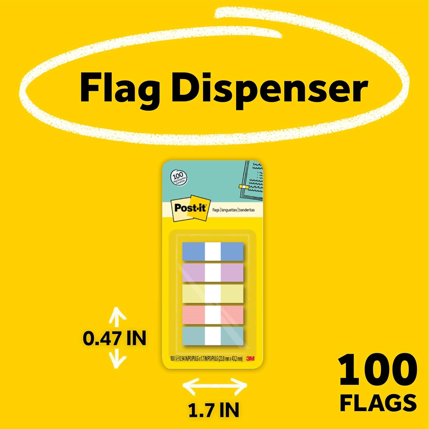 Post-It Flags, 0.47 In. X 1.7 In., One Dispenser with 100 -Count Assorted Pastel