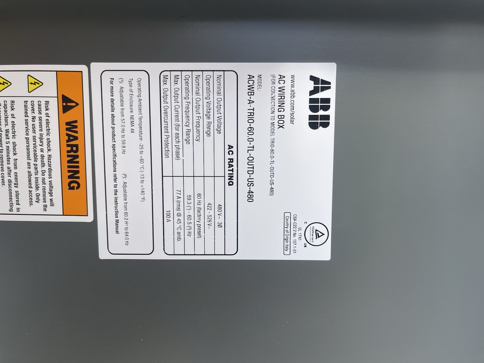 ABB ACWB-A-TRIO-60.0-TL-OUTD-US-480 AC Wiring Box Solar NEW