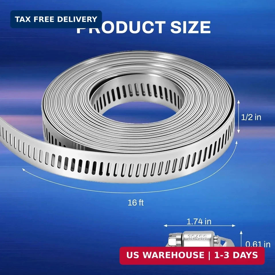16 FT DIY Hose Clamps Assortment Kit,304 Stainless Steel Hose Clamps，Worm Gear D